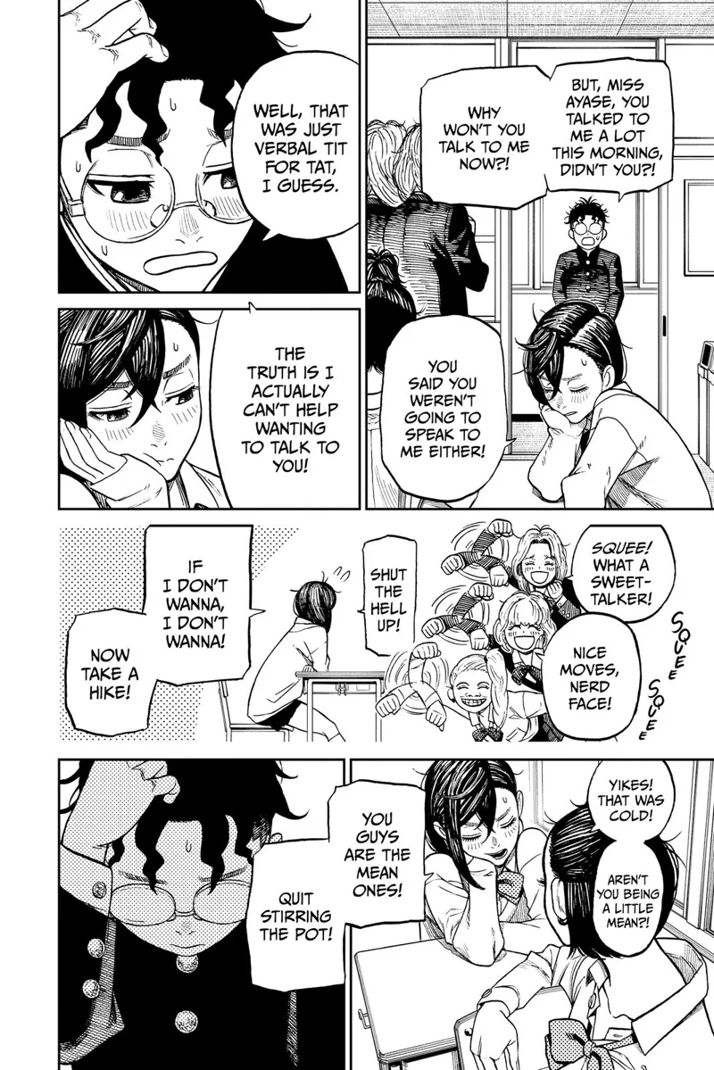 Okarun apologises to Momo. Her classmates tease her more. Momo refuses to talk to him. Okarun looks sad.