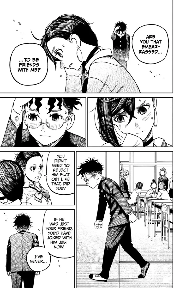 Okarun asks Momo if she's embarrassed talking to him. Okarun walks away sad. Momo rests her face on her palm.