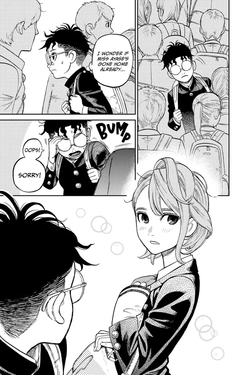 Okarun walks opposite to the students' direction. He bumps into a lady student.
