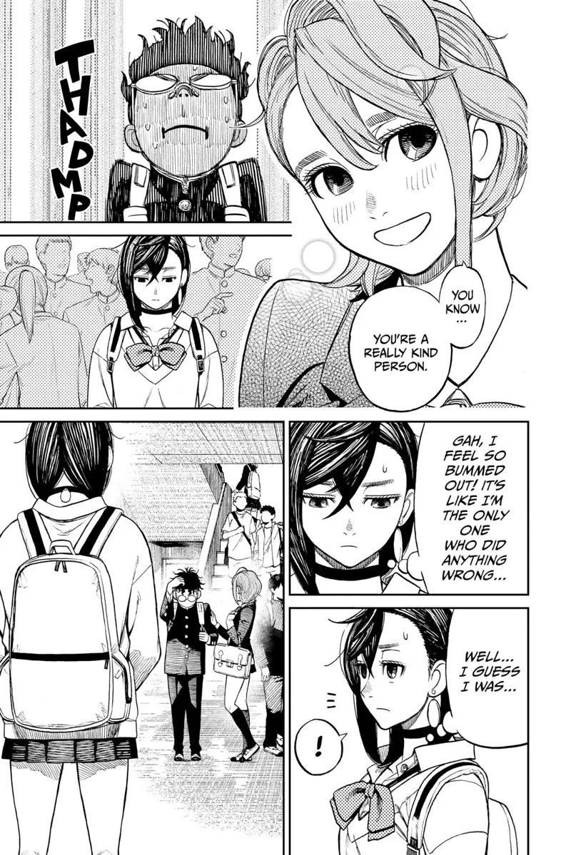 The lady smiles at Okarun while tapping her arm. Momo walks by and sees Okarun with another lady.