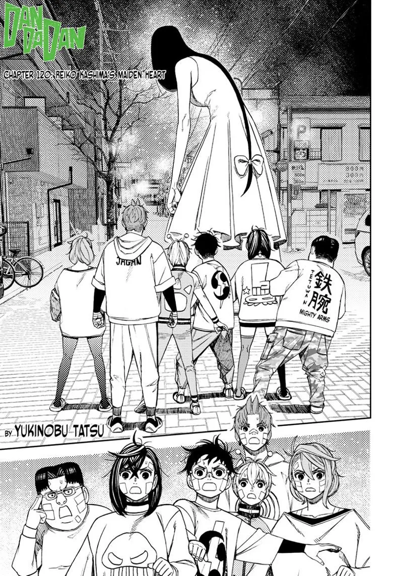 Momo, Okarun, Aira, Jiji, Vamola, and Kinta stop before the tall lady blocking their way on the street.