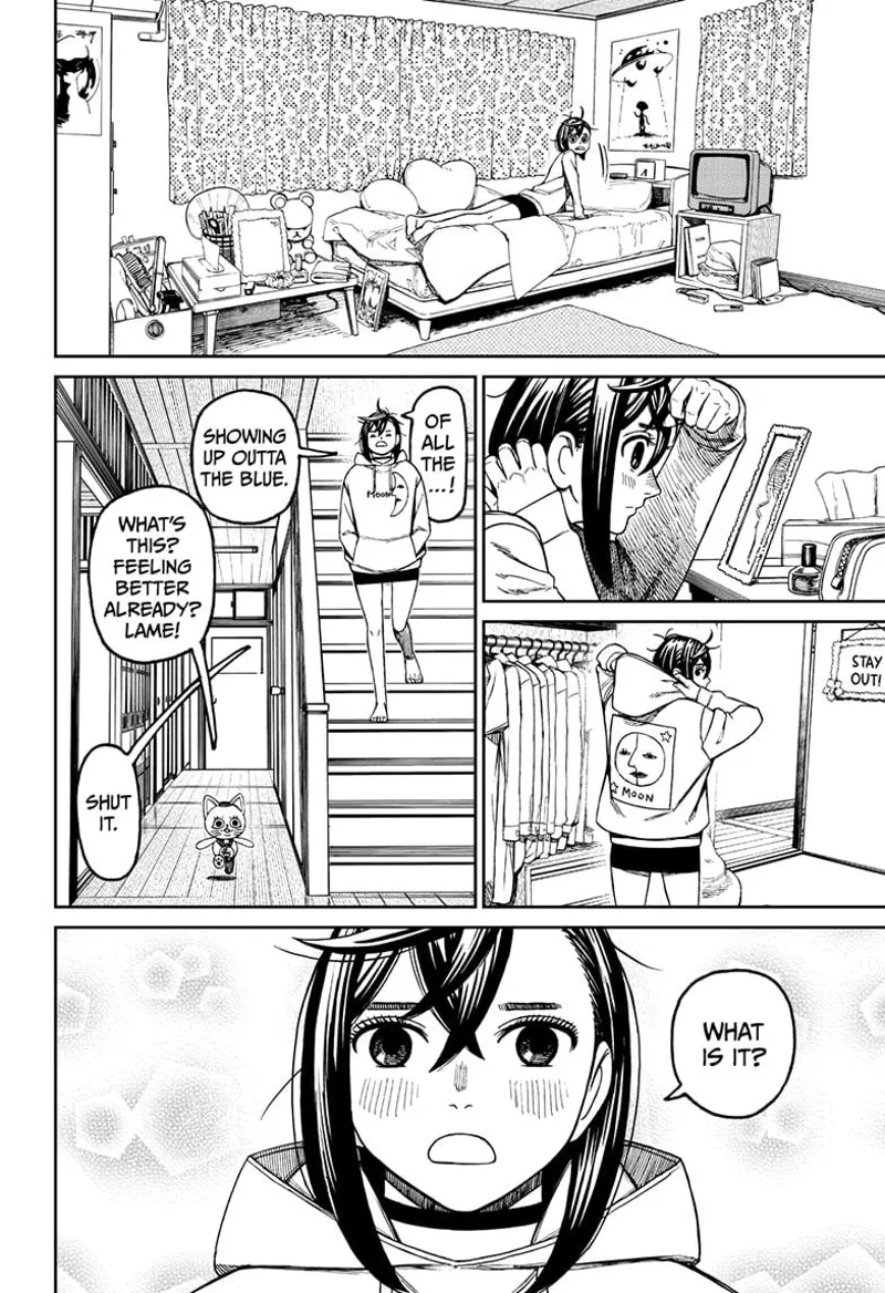 Okarun dresses up and goes down the stairs. Turbo granny sees her. Momo puts on her hoodie jacket.