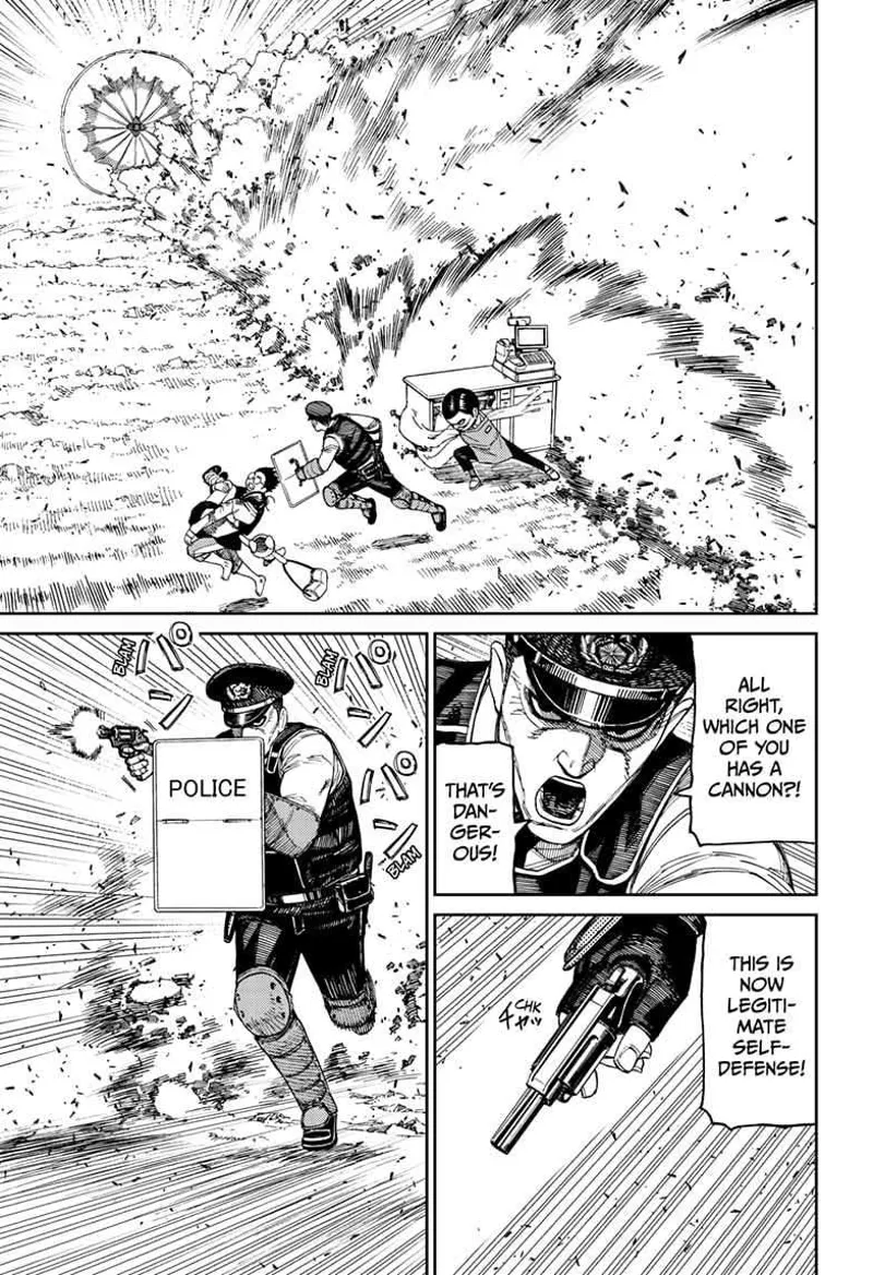 The cop, Okarun, Turbo Granny, and Momo dodge while Rokuro blocks with his checkout counter. The cop fires his gun.
