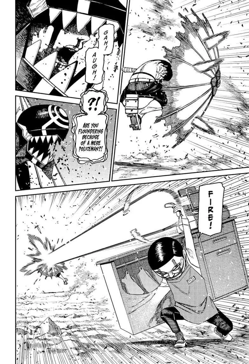 Cursed Zuma blocks the bullets with his umbrella but still gets damaged. Rokuro also fires using the barcode scanner.