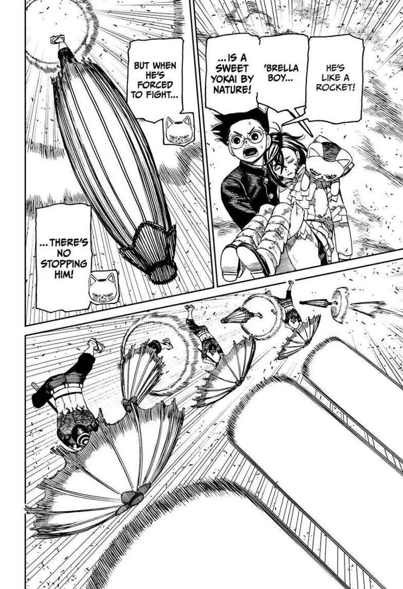 Okarun and Turbo Granny watch cursed Zuma moving in the sky like a rocket. Cursed Zuma fires blasts while moving.