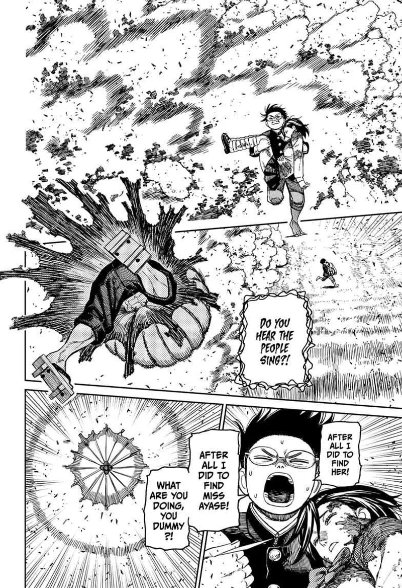 Momo runs amidst the explosion behind him while cursed Zuma attacks. He begins to speak informally like Momo.