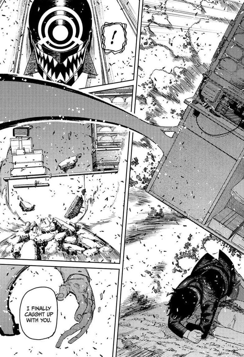 Cursed Zuma is shocked at the huge hand grabbing the grocery checkout counter that protects Momo and Okarun.