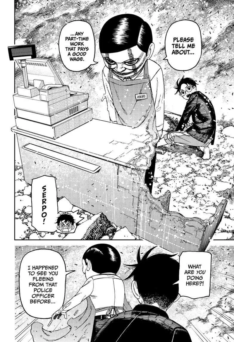Rokuro, the Serpo, appears before Okarun and Momo. Due to its Nanoskin property, his body became a checkout counter.