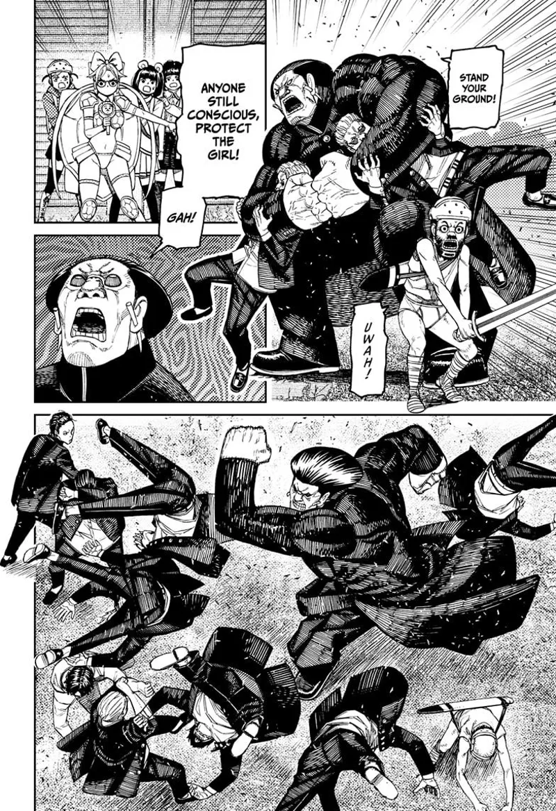 The huge thug rampages and attacks everyone. Rin stands and protects the other girls.