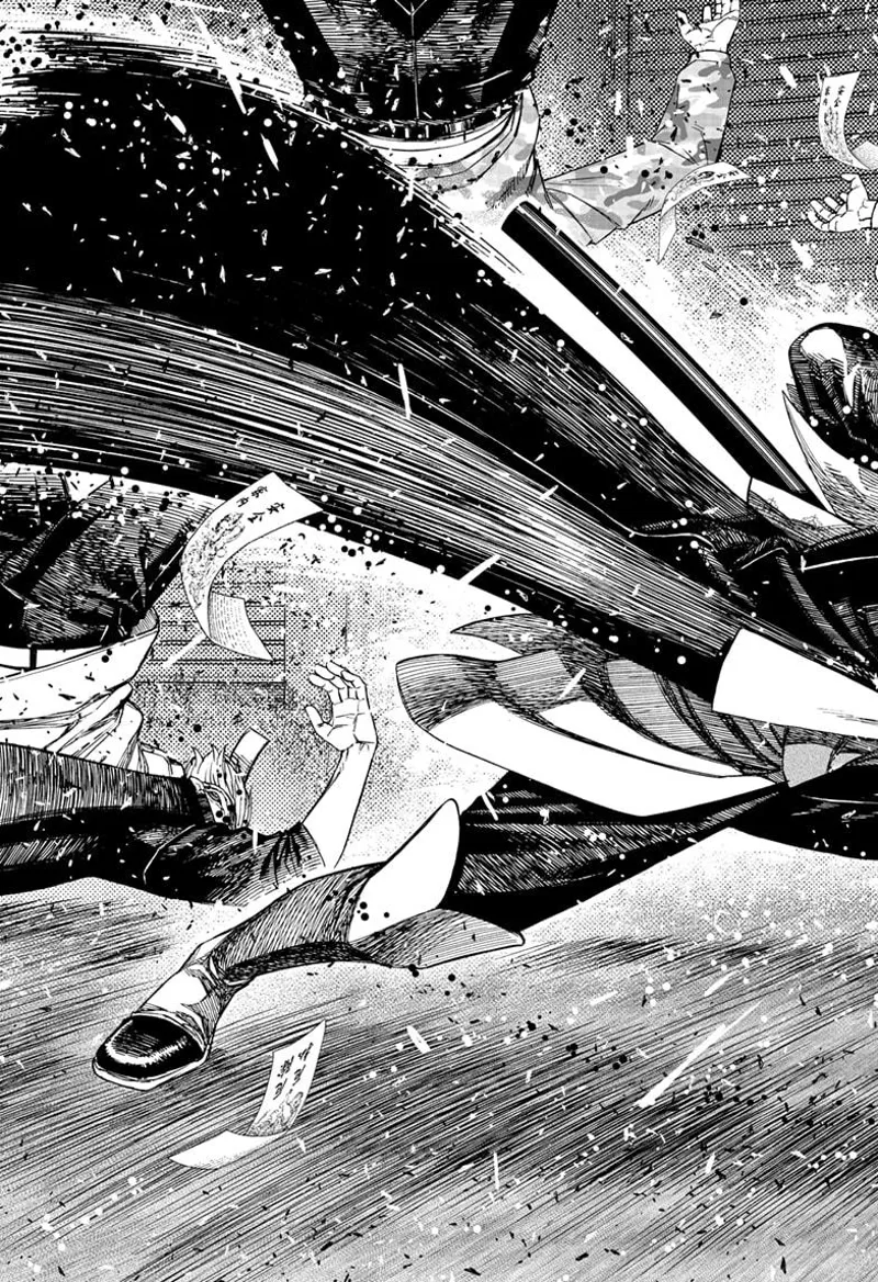 The man's cape flips towards the possessed thugs.