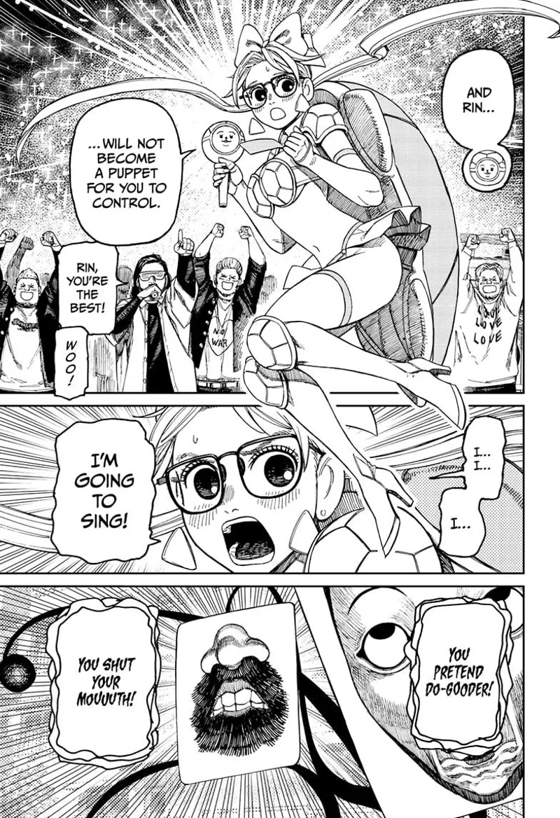 Rin is back to her senses and starts singing. The thugs behind her cheers. Fairy-Tale Card is mad.