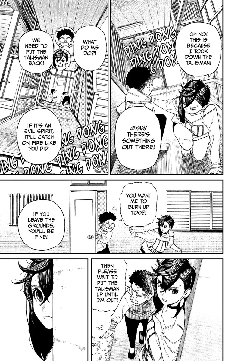Ayase and Okarun turn back and sneakily exit the house's back door.