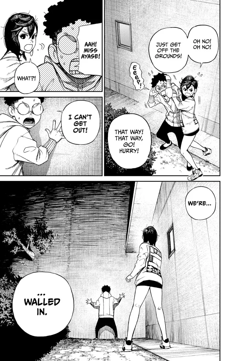 Okarun panics as Ayase tells him to get off the ground quickly. They discover a huge wall behind them.