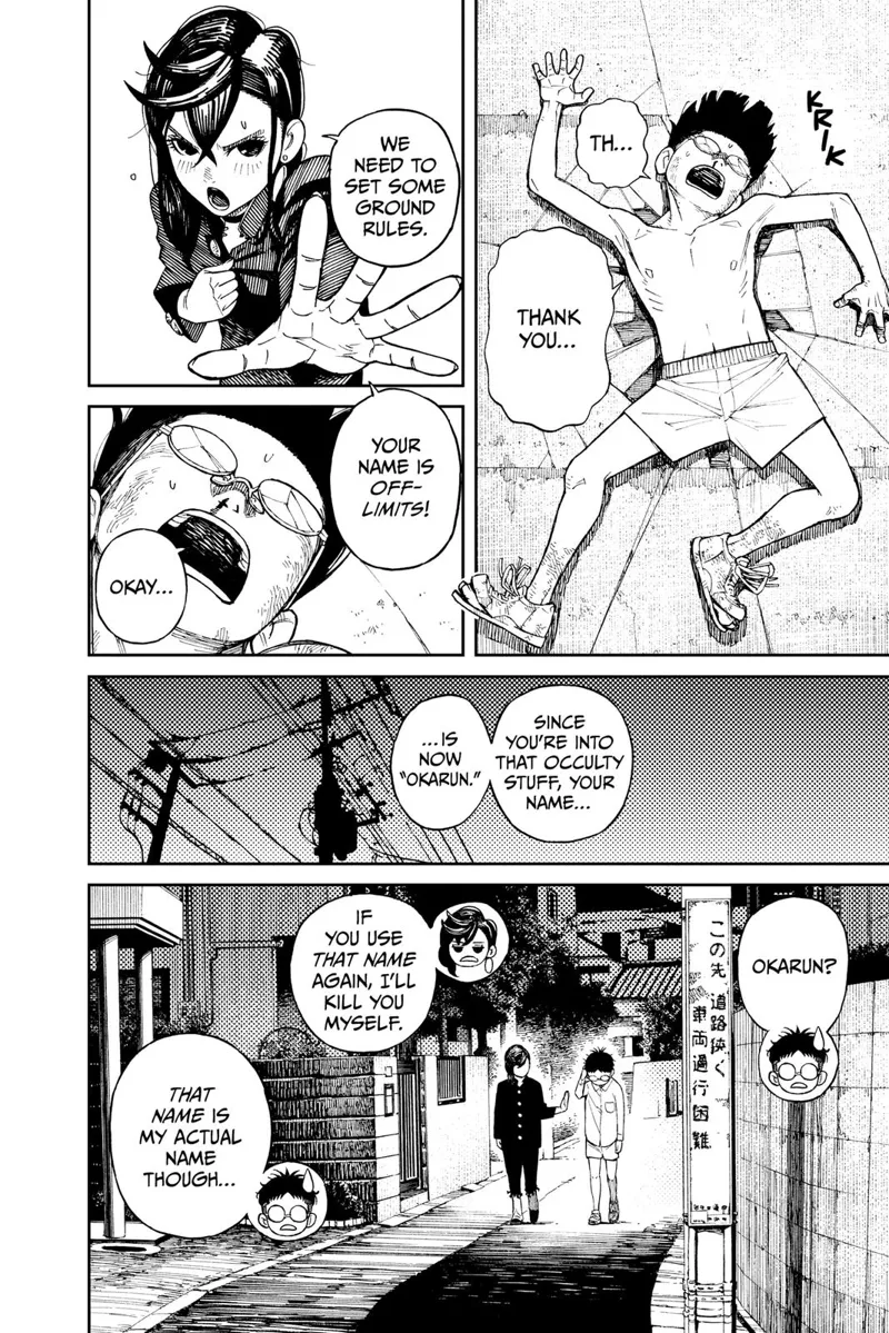 Ayase turns Occult-kun back to normal. They walk down the street, and Ayase calls him Okarun, refusing to let him use his real name.