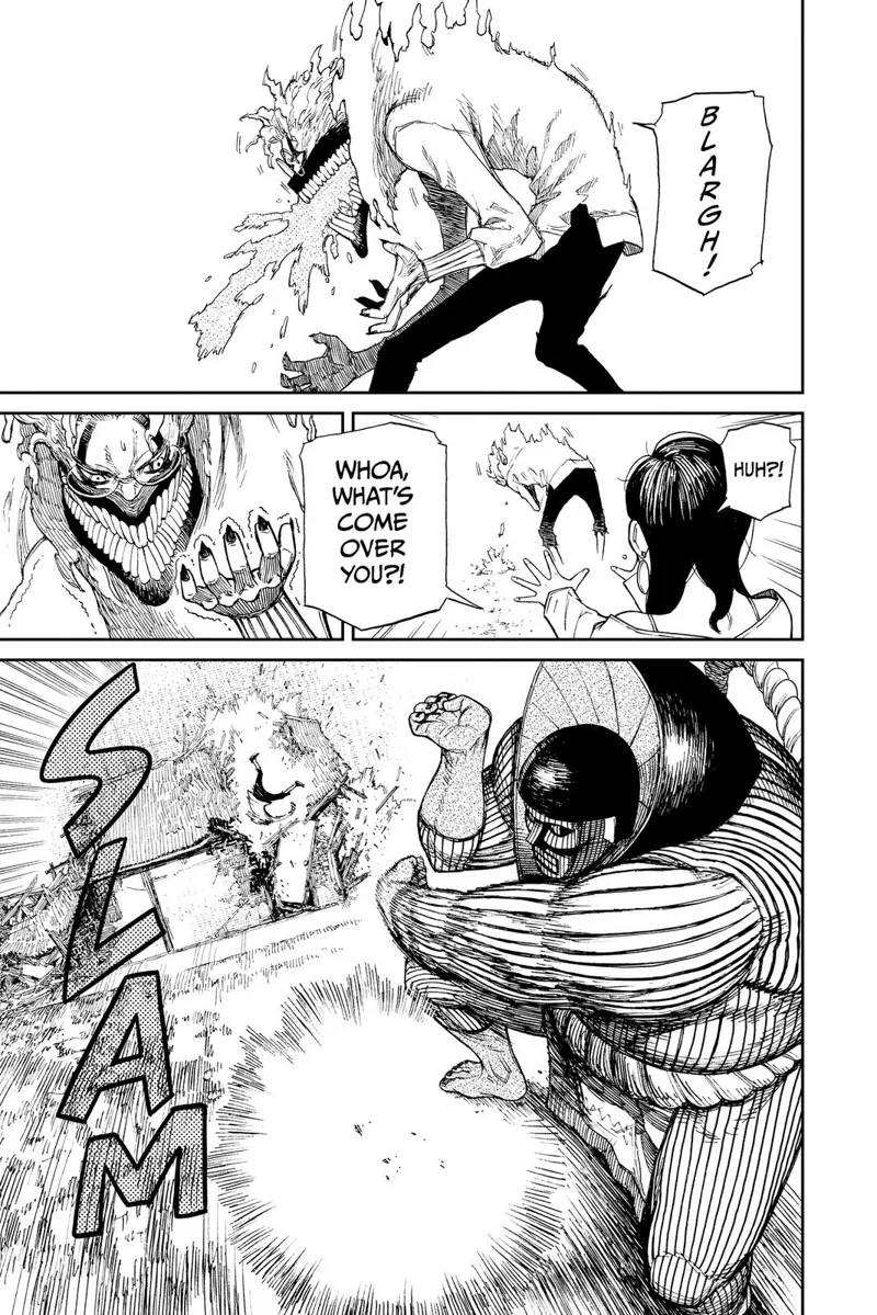 Suddenly, cursed Okarun throws up. The alien monster smacks him.