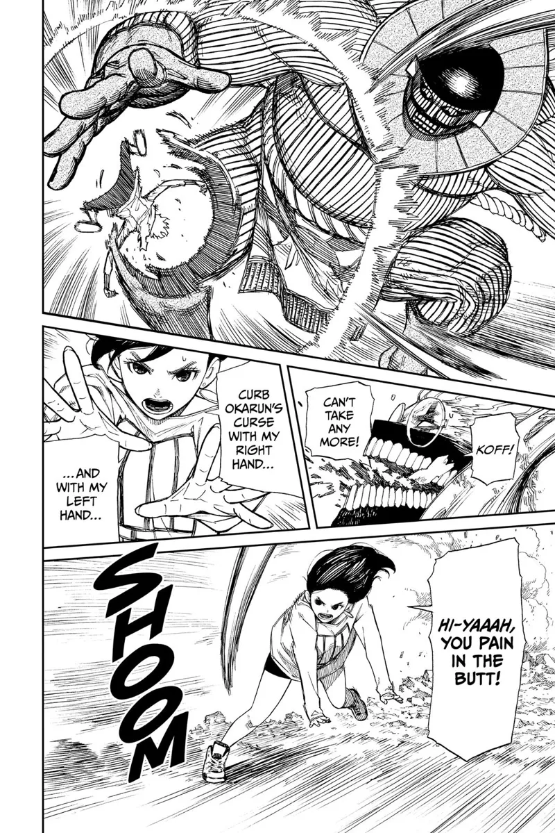 Cursed-Okarun destroys the alien's right leg. Ayase uses her powers as well.