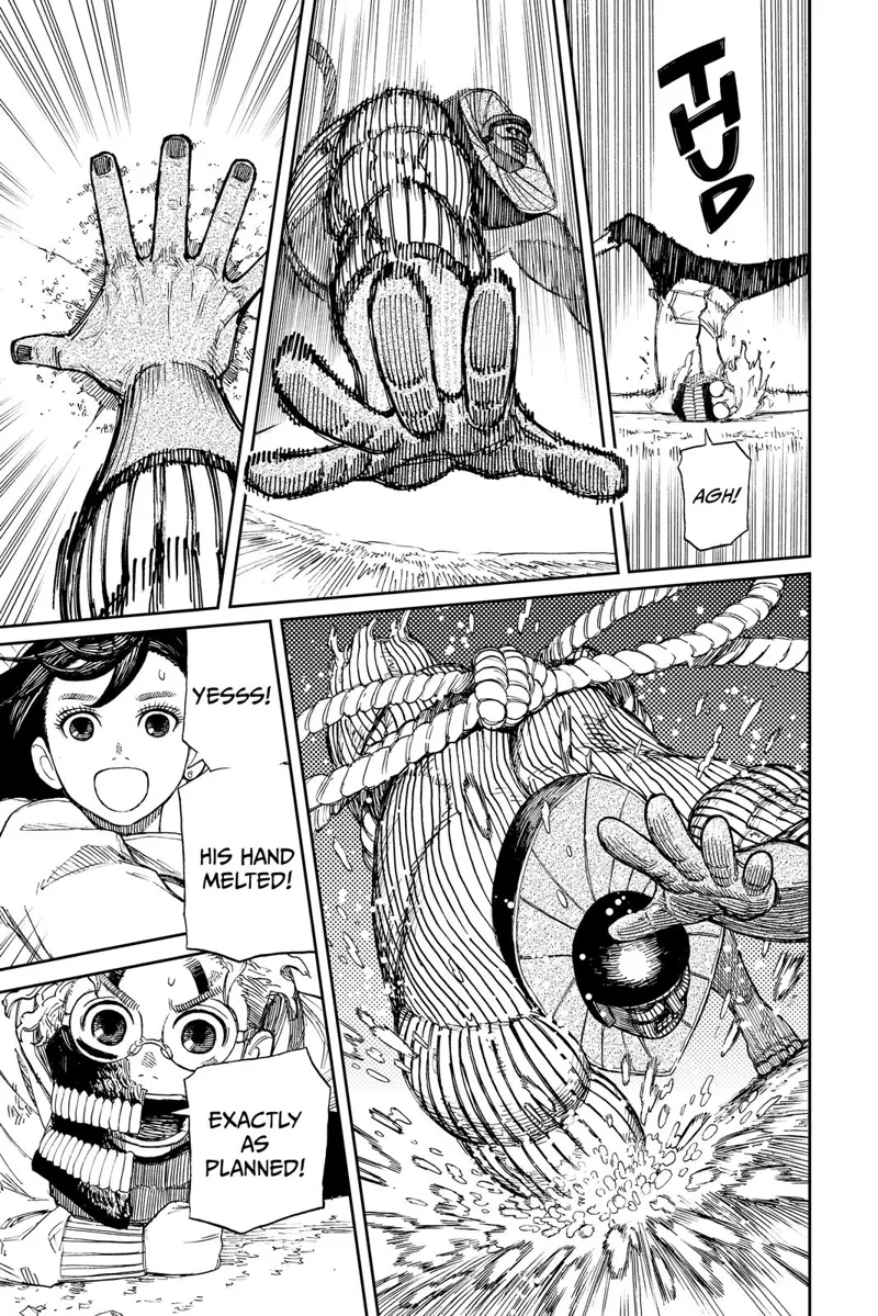 Cursed Okarun drops to the ground. The alien melted after his hand touched the ground.