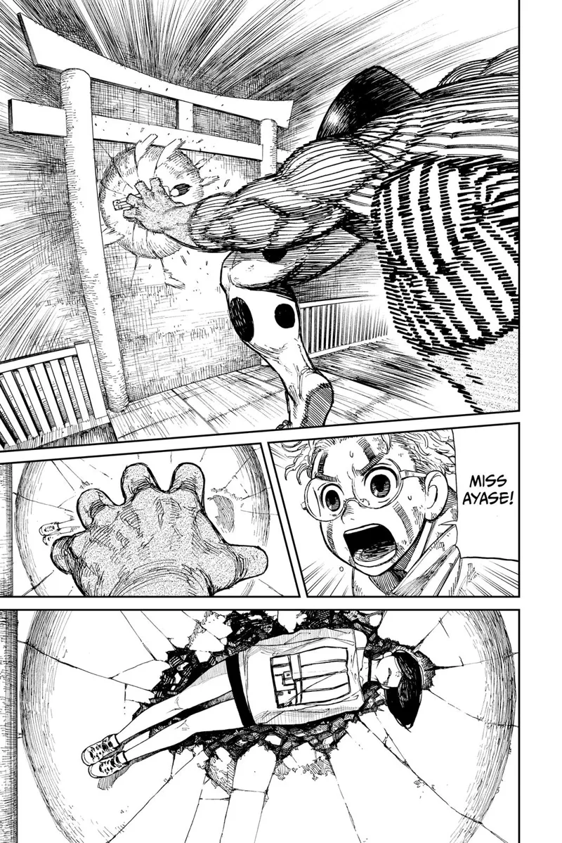 The alien slams Ayase into the wall that formed near the Tori Gate. Okarun calls her, but she's unconscious.