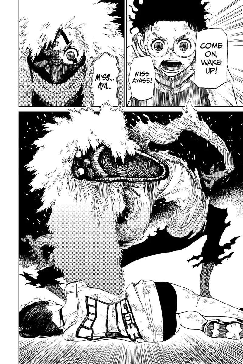 Okarun tries to wake Miss Ayase up, but he transforms into a cursed form and opens his mouth as if to devour her.