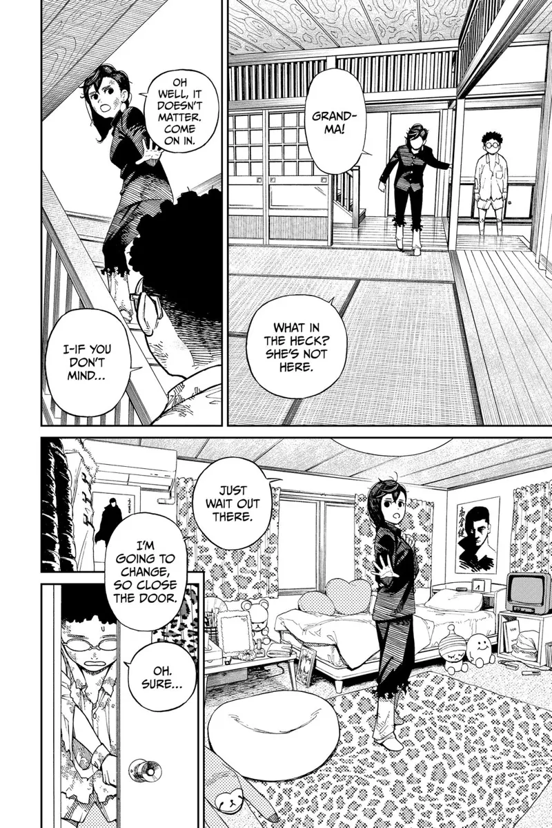 Ayase and Okarun are inside the house. She calls her grandma. Ayase goes up the stairs and enters her room to change.