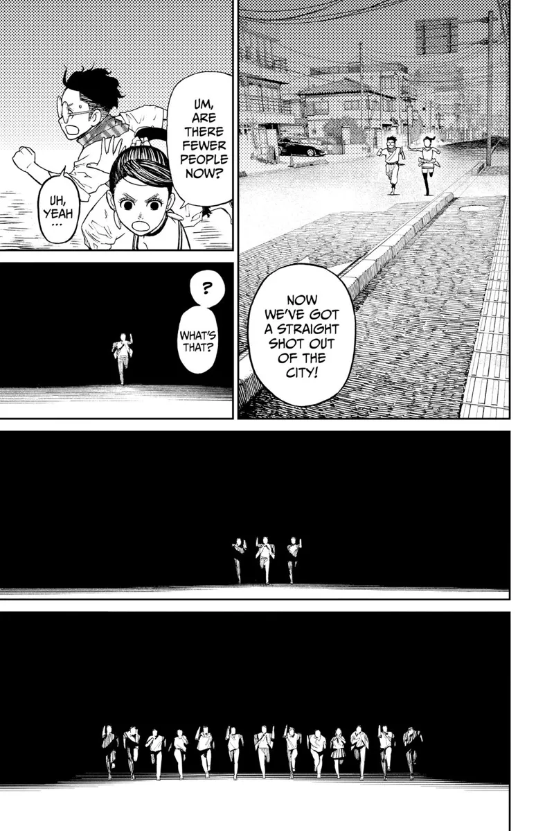 Momo and Okarun are running on an empty street out to the city. Momo sees people running towards them.