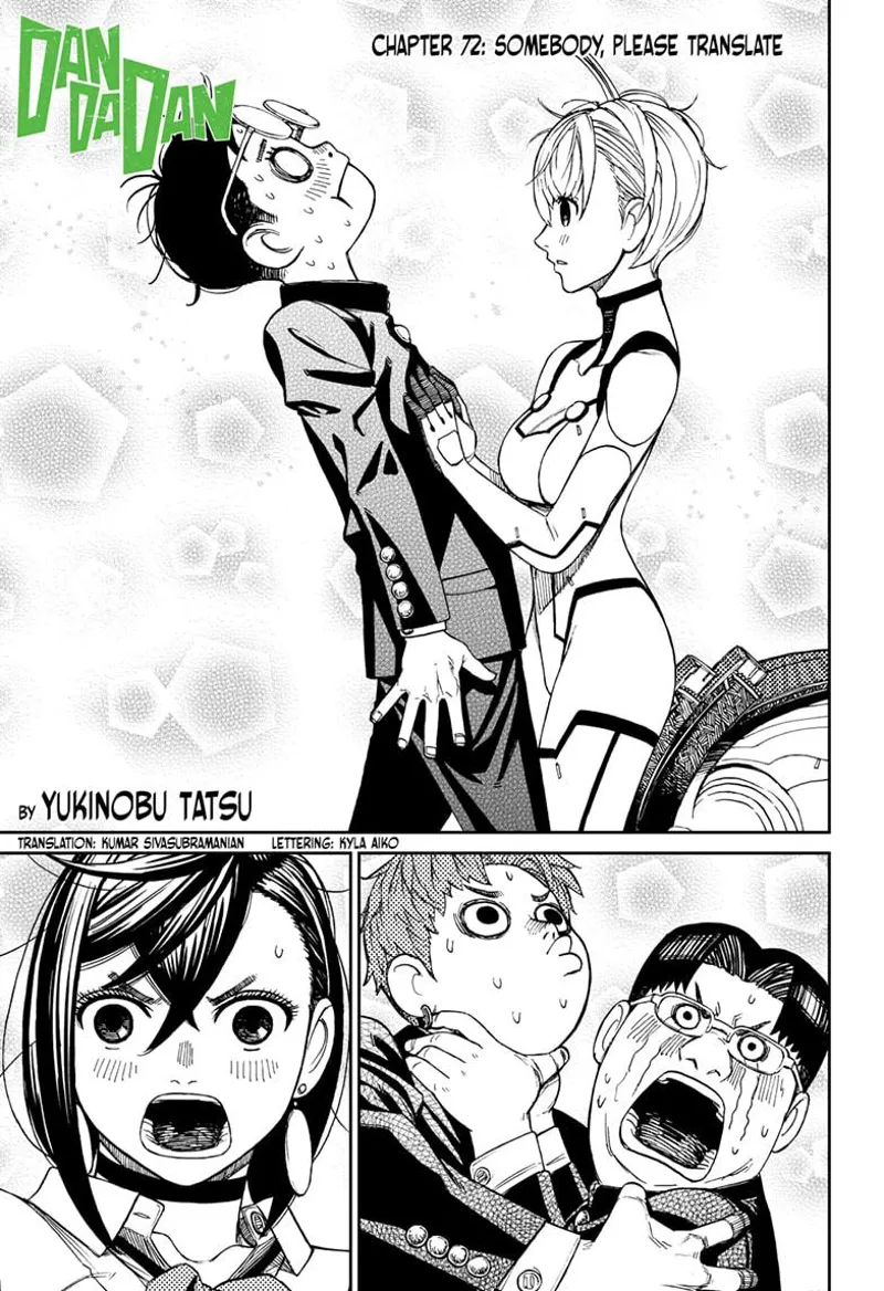 Okarun is tensed and flustered as the woman stands close to him, touching his chest. Kint, Jiji, and Momo react.