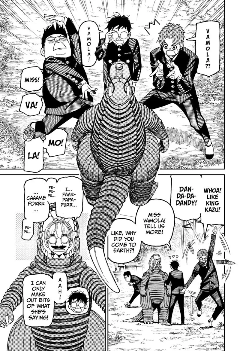 Jiji, Okarun, & Kinta are glad to hear Vamola's answer. Okarun asks why she came to Earth, but Vamola answers in gibberish.