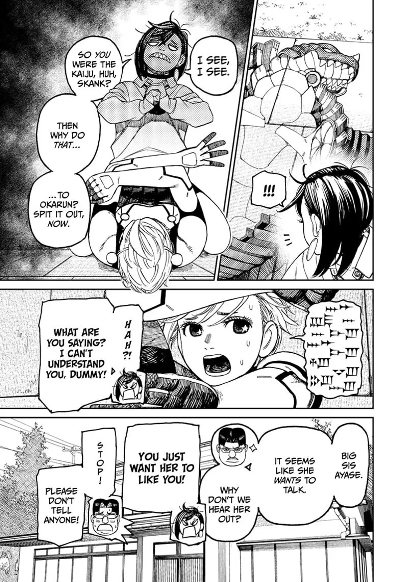 Momo infers the woman was the one piloting the Kaiju. She wants to beat her. Kinta tells her the woman wants to talk.