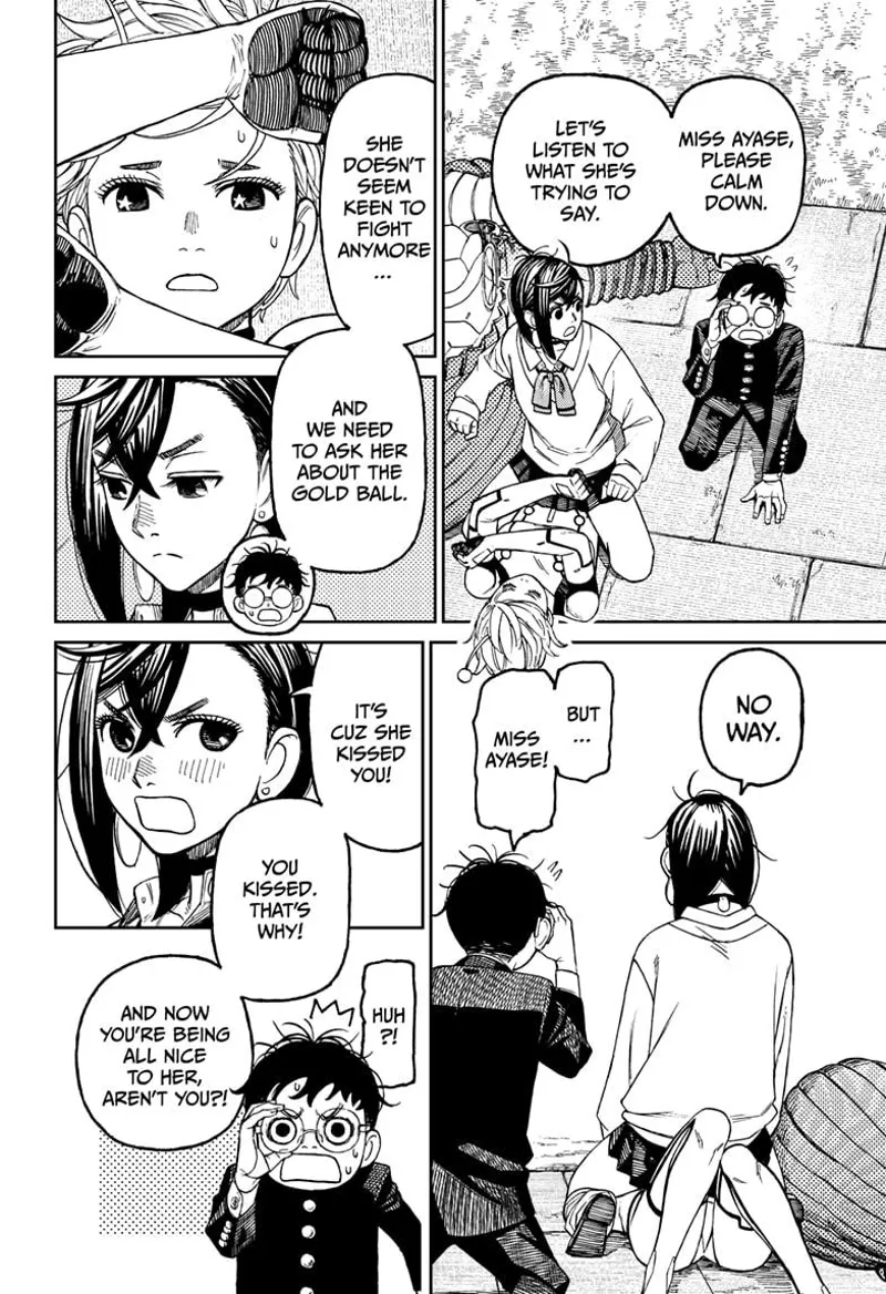 Okarun tells Momo not to hurt the woman. Momo turns to him and says he's saying that because they kissed.
