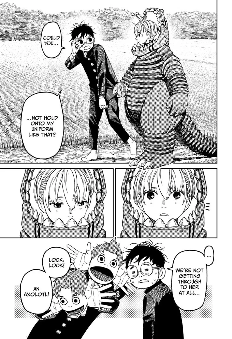 Okarun, the woman in the Kaiju costume, and Jiji walk outside the field.