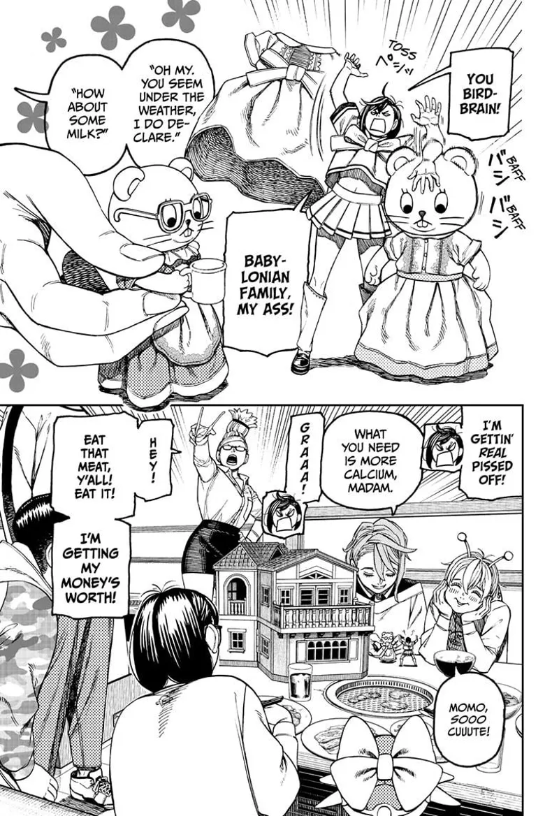 Momo gets angry and throws away the dress after being toyed with by Aira. Vamola, Rin, and Mai sits in front of them.