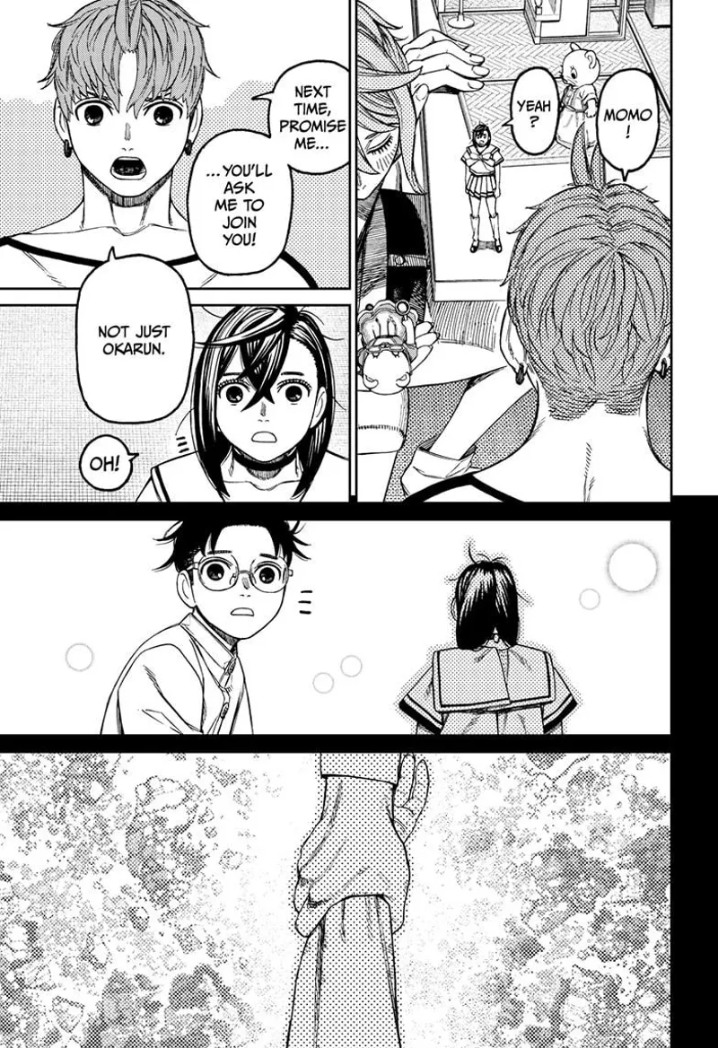 Jiji asks Momo to call for them if she needs help. Okarun watches Momo.