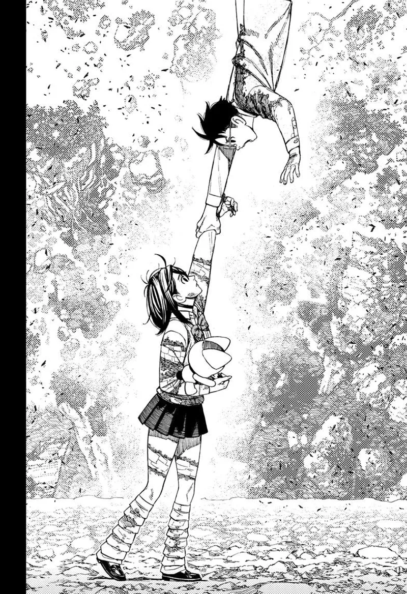 Okarun recalls holding Momo's hand while inside the cursed trunk, and he is lifted up.