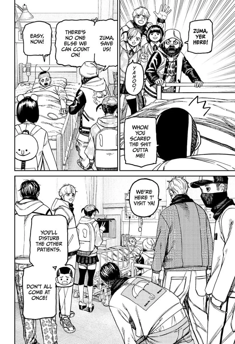 Suddenly, Unji's friends burst forth from the door to pay him a visit. There are lots of them.